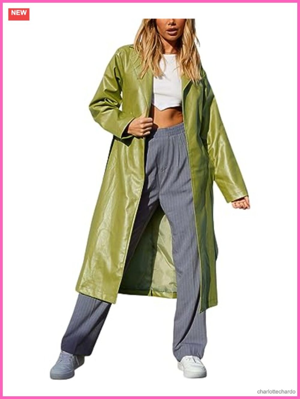 PU Faux Leather Long Trench Coat with Belt Lapel Open Front